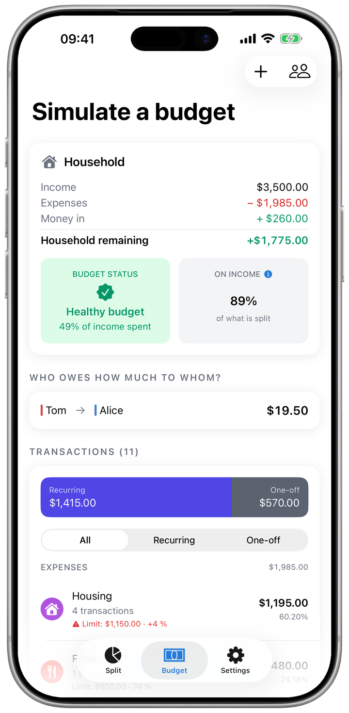 Budget screen: budget health and spending by category